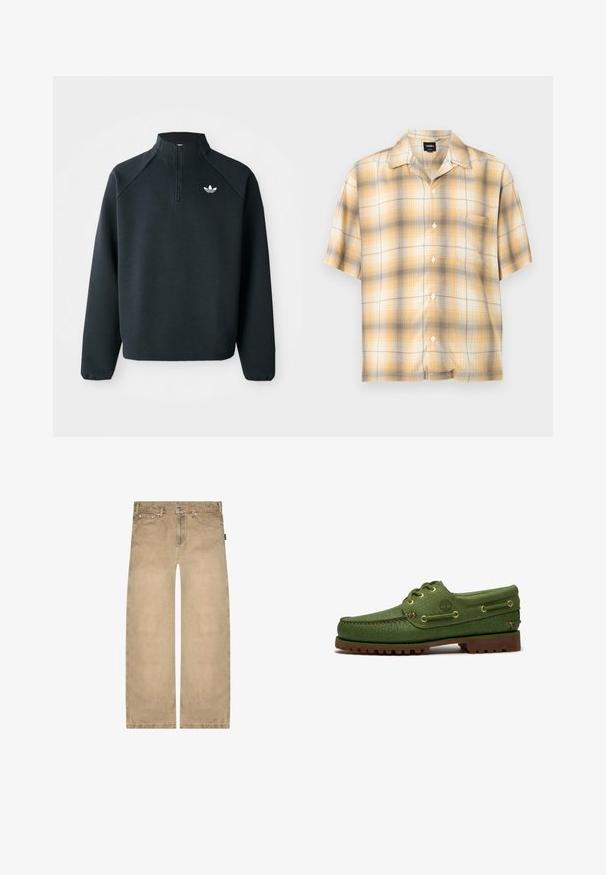 Zwarte kwart-zip sweatshirt gemaakt van zachte stof, met raglanmouwen en een wit logo op de borst. De manchet is elastisch.; Korte mouwen overhemd met knopen, in geel, beige en bruin ruitpatroon met een enkele borstzak, plat uitgestald op een witte achtergrond.; Beige jeans met rechte pijpen, voorzakken, riemlussen en knoopsluiting, afgebeeld op een witte achtergrond.; Groene leren bootschoen met bruine grof profielzool, veters door gouden oogjes, en een geperst boomlogo aan de zijkant.