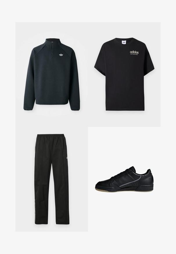 Schwarzer Quarter-Zip-Sweatshirt aus weichem Material, mit Raglanärmeln und einem weißen Logo auf der Brust. Die Bündchen sind elastisch.; Schwarzes Baumwoll-T-Shirt mit kurzen Ärmeln, ausgestattet mit einem Rundhalsausschnitt und einem weißen Adidas-Logo mit "SPORT DESIGN STUDIO" in Gold. Glatte Textur.; Schwarze Jogginghosen mit elastischem Bund, geradem Schnitt, seitlichen Reißverschlussakzenten und weißen Streifen an den Seiten. Glatte Textur.; adidas Originals CONTINENTAL 80 SHOES - Sneaker low - black