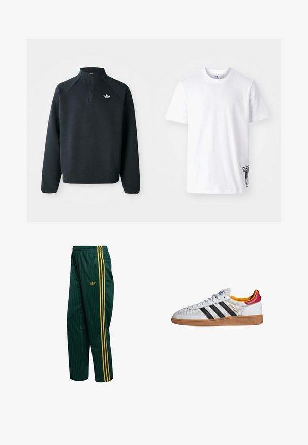Sudadera negra con cremallera en el cuello hecha de tela suave, con mangas raglán y logo blanco en el pecho. Los puños son elásticos.; Camiseta de algodón blanca de manga corta, con cuello redondo y un parche del logo de Adidas en negro en la parte inferior izquierda. Textura suave.; Pantalones de chándal verdes con rayas, hechos de un material suave, con franjas laterales amarillas y un pequeño logo en la parte delantera. Incluye bolsillo con cremallera.; Zapatilla Adidas Spezial blanca con rayas negras, suela de goma, patrón acolchado, lengüeta roja en el talón y forro interior amarillo, vista lateral.