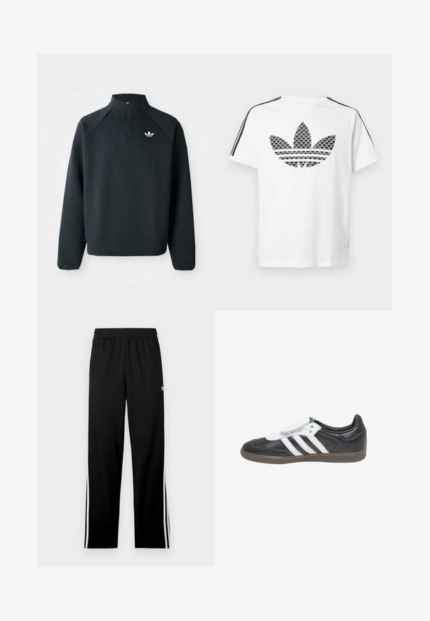 Sudadera negra con cremallera en el cuello hecha de tela suave, con mangas raglán y logo blanco en el pecho. Los puños son elásticos.; Camiseta blanca de algodón con un logo gráfico negro de trébol en el frente, con franjas negras a lo largo de los hombros como detalle.; Pantalones deportivos negros de tela de malla, con un diseño de corte recto, cinturilla elástica y rayas laterales blancas. Se muestra un logo deportivo.; adidas Originals SAMBA LT - Zapatillas - core black footwear white gum