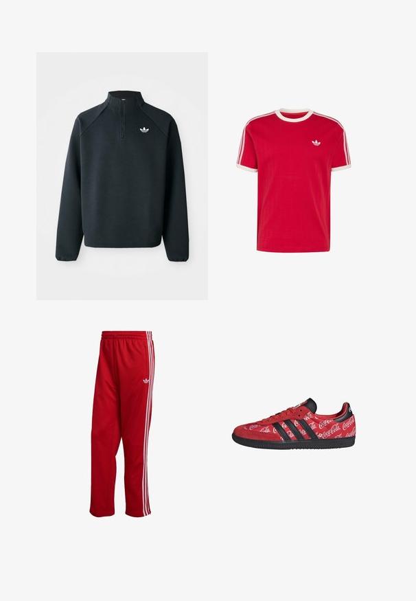 Sudadera negra con cremallera en el cuello hecha de tela suave, con mangas raglán y logo blanco en el pecho. Los puños son elásticos.; Camiseta Adidas roja de manga corta con cuello redondo blanco y borde de las mangas en blanco, tres franjas blancas en los hombros, pequeño logo de trébol en el pecho izquierdo.; Pantalones deportivos rojos con una tela texturizada, presentan rayas laterales blancas y un logo bordado en la pierna izquierda, cinturilla elástica.; Zapatilla roja Adidas con rayas negras y suela, con logotipos blancos de Coca-Cola por toda la parte superior de tela.