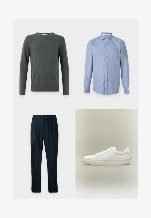 Suéter de manga larga verde oscuro, hecho de un tejido suave y texturizado, con cuello redondo y puños y dobladillo acanalados. Diseño simple y clásico.; Camisa de manga larga con botones, patrón de cuadros pequeños en azul y blanco, cuello clásico y bolsillo frontal en el pecho sobre un fondo neutro.; Pantalones azul marino hechos de un tejido texturizado, con cintura con cordón, piernas rectas y dos pliegues frontales para un aspecto ajustado.; Zapatilla blanca de perfil bajo con cordones en la parte delantera y suela gruesa, mostrada de lado sobre un fondo neutro.