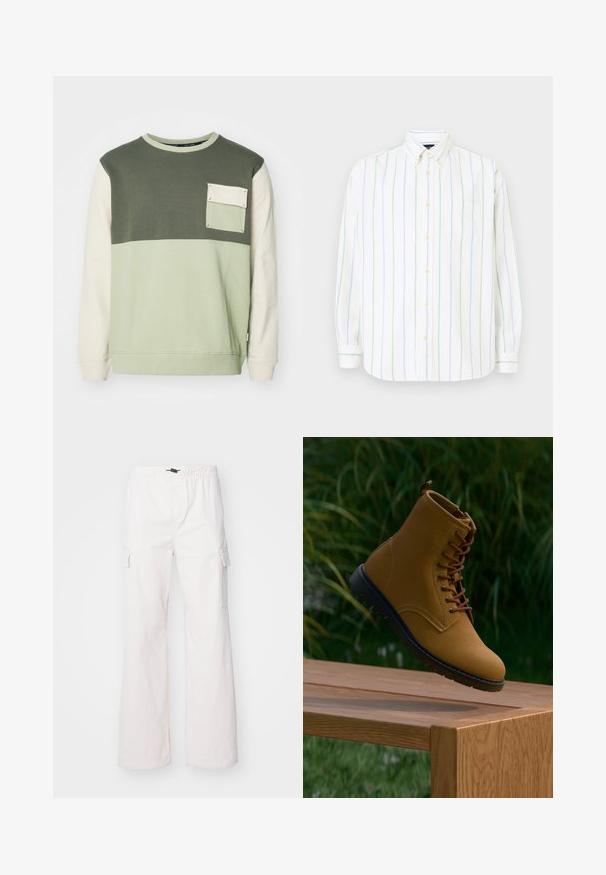 Sudadera color bloque verde y crema con mangas largas, cuello redondo y un bolsillo en el pecho. Fabricada con suave material de algodón.; Camisa blanca de manga larga con rayas verticales en verde claro y azul, con botones en el frente, cuello puntiagudo y un solo bolsillo en el pecho.; Denim Project DPMDPPARACHUTE CARGO PANTS - Pantalones cargo - jet stream; Botín de ante marrón con cordones marrones, suela de goma negra y acabado suave, exhibido sobre una superficie de madera con un fondo de vegetación.