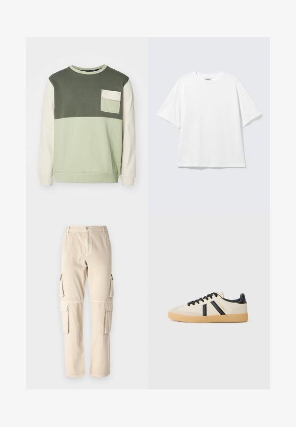 Sudadera color bloque verde y crema con mangas largas, cuello redondo y un bolsillo en el pecho. Fabricada con suave material de algodón.; Camiseta blanca de gran tamaño con mangas cortas, cuello redondo y hombros caídos, plana sobre fondo gris claro.; Pantalones cargo beige de algodón. Cuentan con bolsillos laterales, diseño de pierna recta y un cierre de botón en la cintura. Detalles de costura simples.; Zapatillas casuales en crema con rayas negras, con parte superior texturizada y suela de goma. Los cordones son negros. Logo sutil en el costado.