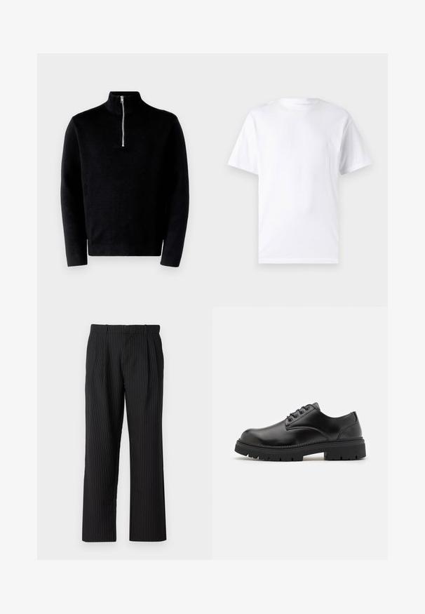 Sort pullover sweater med høj krave og halv lynlås. Lavet af ribbet stof, den har lange ærmer og en glat tekstur.; Hvid kortærmet t-shirt lavet af bomuld med rund hals, der har en glat tekstur og et simpelt design uden mønstre eller accenter.; Jack & Jones Classic Wide Leg Fit - Bukser - black; Sorte lædersko med rund tå, snørelukning og en tykk, struktureret gummisål. Har syninger langs kanten og en glat overflade.