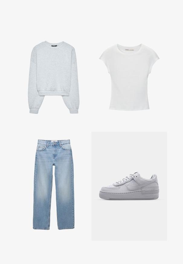 Sweat-shirt gris raccourci à manches longues, col rond et poignets côtelés. Tissu doux avec une texture subtile, conçu pour le confort.; T-shirt en coton blanc avec manches courtes retroussées, encolure ronde et ourlet droit. Texture lisse sans motifs ni accents visibles.; Jean en denim bleu clair avec une coupe droite, style cinq poches et des détails de couture visibles. Le tissu a une texture douce et légèrement décolorée.; Basket en cuir lisse gris Nike Air Force 1 avec un bout perforé, une semelle épaisse et un détail 'AIR' en relief sur le talon.