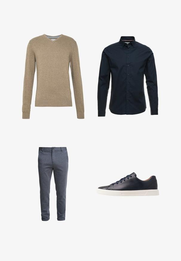 Pull-over en V en tricot doux de couleur brun clair, avec des manches longues et des bords côtelés aux manches et à l'ourlet. Texture subtile sur l'ensemble du tissu.; Chemise à manches longues bleu marine en coton avec un devant à boutons, col pointu et surpiqûres contrastantes. Présente une coupe régulière et un design élégant.; Pantalon ajusté gris foncé pour homme avec fermeture à boutons et passants pour ceinture, présenté sur un fond blanc.; Baskets en cuir bleu marine avec une finition lisse, semelle en caoutchouc blanc plat, bout arrondi et six lacets bleu marine passés à travers des œillets ronds.