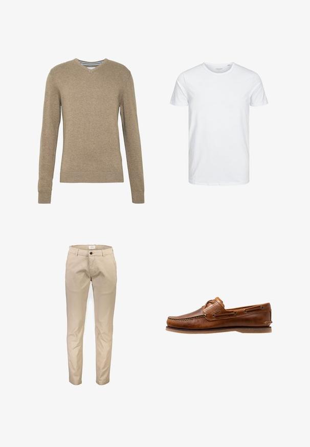 Suéter con cuello en V hecho de un suave tejido de punto en marrón claro, con mangas largas y puños y bajo acanalados. Textura sutil en toda la tela.; Camiseta de manga corta y cuello redondo en blanco sólido, fabricada en algodón suave, presenta un diseño simple sin patrones ni acentos visibles.; Pantalones de algodón beige con diseño de pierna recta, que cuentan con bolsillos delanteros, cierre de cremallera y un solo botón. Textura lisa, sin estampados.; Zapato de barco de cuero marrón con acentos de costura, con ojales de metal, una costura elevada en la puntera y una suela de goma plana.