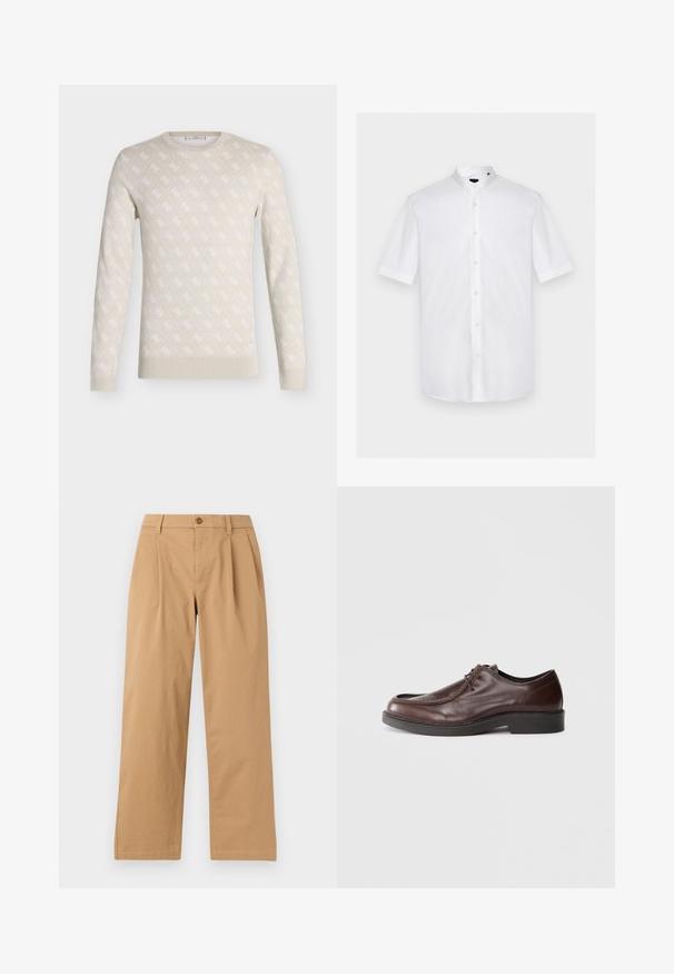 Pull beige col rond à manches longues, avec un subtil motif losange blanc sur toute la surface et de petits détails logo.; Chemise blanche à manches courtes avec col mandarin, boutons sur le devant et logo discret sur la poitrine gauche.; Pantalon droit marron clair avec des plis à l'avant, des passants de ceinture et une fermeture par bouton à la taille, présenté sur un fond uni.; Chaussure habillée en cuir marron avec un bout arrondi, des accents de couture minimum, et une semelle noire robuste. Présente un système de laçage et une texture lisse.