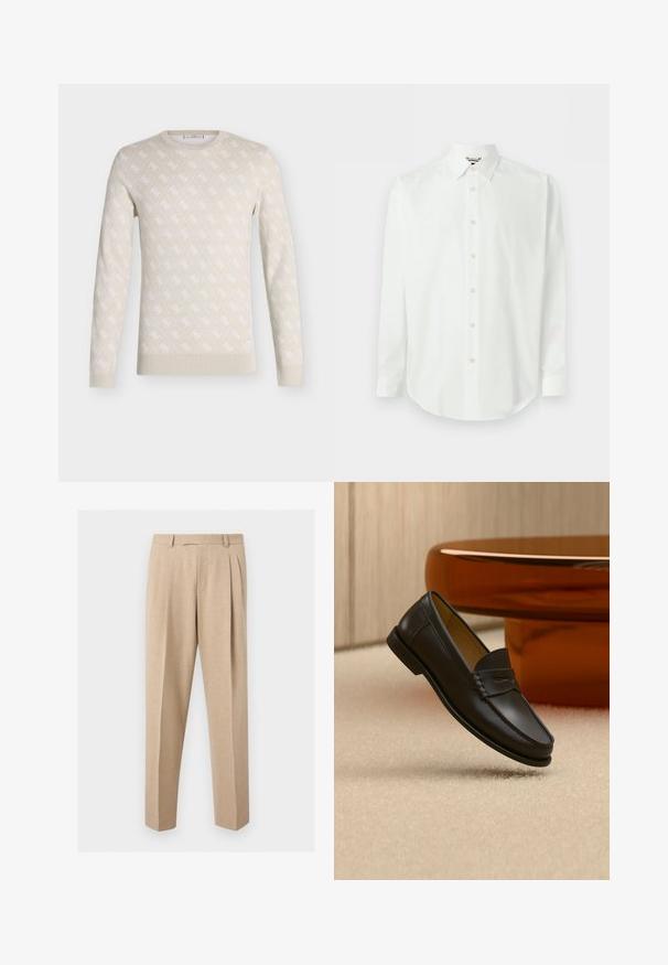 Pull beige col rond à manches longues, avec un subtil motif losange blanc sur toute la surface et de petits détails logo.; Chemise blanche à manches longues avec devant boutonné, col classique et poignets, présentée sur un fond clair uni.; Pantalon beige sur mesure avec plis sur le devant, passants de ceinture et jambes droites, présenté sur un fond clair et uni.; Chaussure mocassin en cuir noir suspendue au-dessus d’un tapis beige avec du mobilier moderne couleur ambre en arrière-plan.