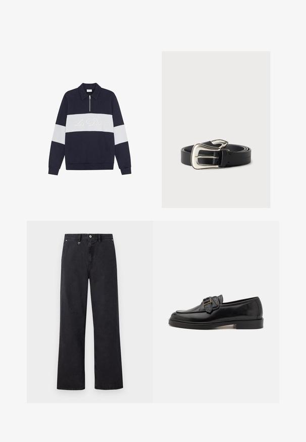 Sudadera azul marina con una franja horizontal blanca y cuello con cremallera. "Les Deux" bordado en crema en la franja. Tejido suave, ajuste clásico.; Pantalones negros de pierna recta con trabillas para cinturón, cierre frontal con botón y cremallera, y bolsillos laterales sobre un fondo liso.; Mocasines de cuero negro con punta redonda y un acento decorativo de hebilla. Tacón plano y sólido, con una textura suave en todo el zapato.; Cinturón de cuero negro con una gran hebilla plateada de estilo occidental, enrollado sobre un fondo neutro.