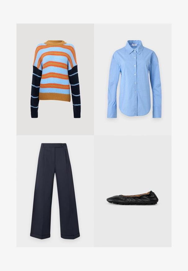 Pull en tricot avec une texture côtelée, présentant des rayures horizontales en bleu clair, orange et marine. Encolure ronde et manches longues.; Chemise à manches longues à rayures verticales bleues et blanches avec col pointu et larges poignets.; Pantalon large bleu marine avec ourlets retournés, taille haute, boutons latéraux et plis à l'avant.; Ballerines en cuir noir avec des détails froncés au col, bout rond et semelle en caoutchouc flexible. Texture lisse dans l'ensemble.