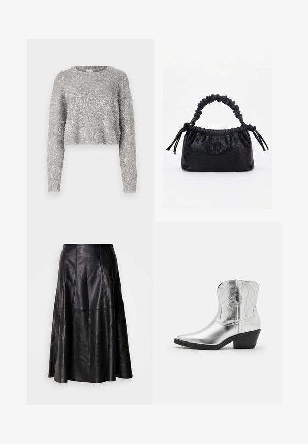 Sølvfarvet cropped sweater med lange ærmer; fuzzy tekstur og let skinnende materiale. Rund halsudskæring, minimal ekstra detaljering.; Sort lædernederdel med en flagrende silhuet, der har synlige sømme og en glat tekstur. Mellemlang design med en klassisk snit.; Sølvfarvede læder cowboy-støvler med spidse tæer, syede detaljer på skaftet og en moderat sort hæl. Glat og skinnende overflade.; Sort taske med krokodilletekstur, rynket øverste kant, samlet hank og snore med kvaster på hver side mod en hvid baggrund.