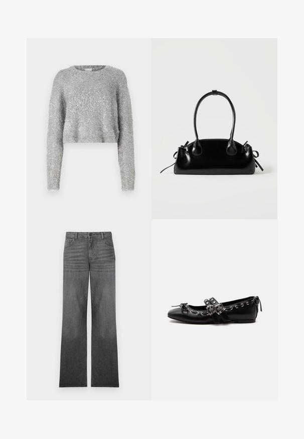 Sølvfarvet cropped sweater med lange ærmer; fuzzy tekstur og let skinnende materiale. Rund halsudskæring, minimal ekstra detaljering.; Grå denim brede ben jeans med en middel vask, der har design med fem lommer, frontknaplukning og diskrete sømdetaljer.; Sort flad balletsko med dobbelt spænde, sølvøjer og en lille sløjfe nær den runde tå på en hvid baggrund.; Lille sort blank håndtaske med to lange håndtag og snøre-detaljer i siden på en ensfarvet lys baggrund.