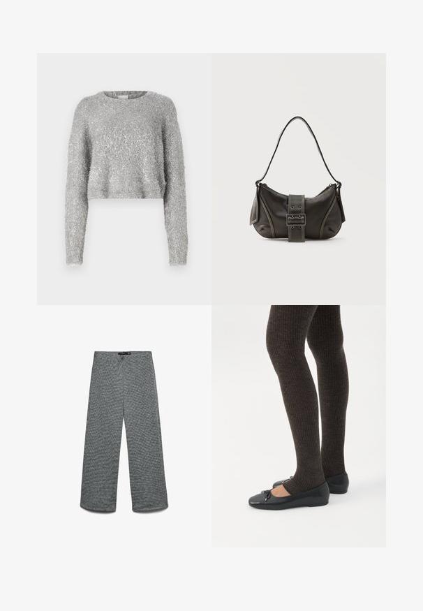 Sølvfarvet cropped sweater med lange ærmer; fuzzy tekstur og let skinnende materiale. Rund halsudskæring, minimal ekstra detaljering.; Bukser med vide ben i et tekstureret gråt strikket stof. Har en høj talje og lige ben, hvilket giver en afslappet pasform hele vejen.; Ben iført mørke ribbede leggings kombineret med sorte balletsko med små sløjfedetaljer på hvid baggrund.; Sort læder skuldertaske med spænde på remmen, afrundede kanter og kontrasterende hvide syninger på en ensfarvet baggrund.