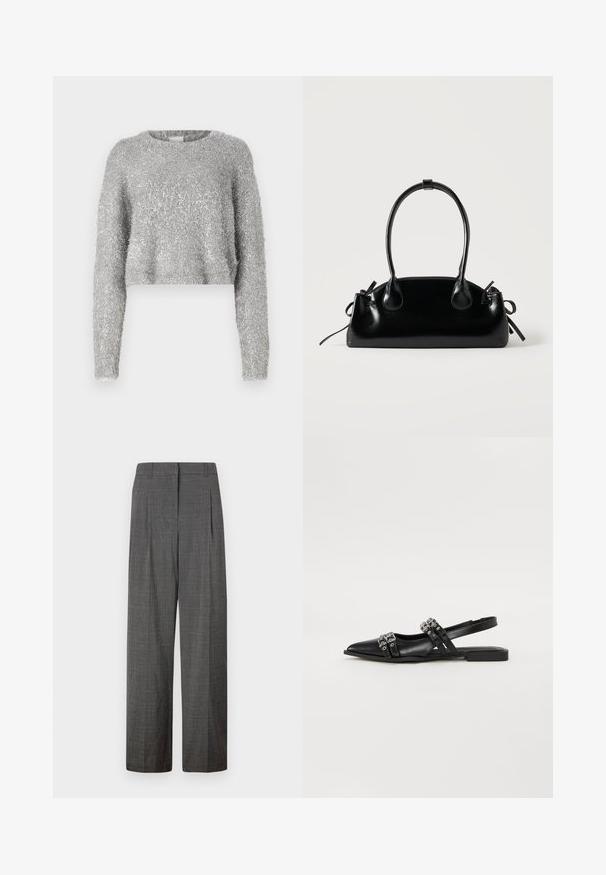 Suéter corto plateado con mangas largas; textura suave y material ligeramente brillante. Cuello redondo, con un detalle adicional mínimo.; Vero Moda VMSIKITA WIDE DAD PANT - Pantalones - medium grey/black; Even&Odd by Zalando Bailarinas con tira trasera - black; Pequeño bolso negro brillante con dos asas largas y detalles de cordón lateral sobre un fondo claro liso.