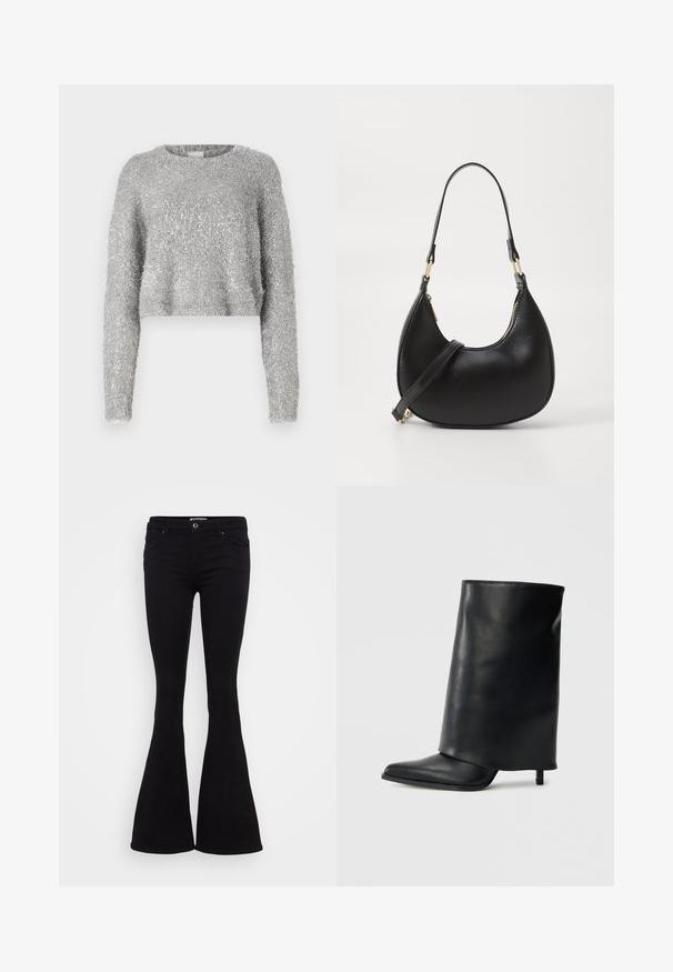 Sølvfarvet cropped sweater med lange ærmer; fuzzy tekstur og let skinnende materiale. Rund halsudskæring, minimal ekstra detaljering.; Sorte flared jeans med en glat stof, medium taljehøjde, forlommer og en knaplukning. Nederdelen flarer ud i bunden.; Sort læderankelstøvle med et struktureret, ombukket design, spids tå og en tynd hæl. Glat tekstur med minimalt detaljer.; Sort læder håndtaske med en buet form, udstyret med en top-lynlås, et kort håndtag og en aftagelig crossbody-strop. Gyldne hardware-accenter.