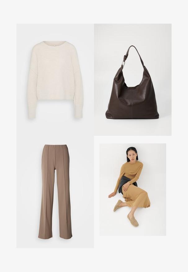 Pull en tricot écru, court, avec un col rond, des coutures d'épaules tombantes et des poignets côtelés. Texture douce avec une coupe ample et un design minimaliste.; Pantalon marron à jambes larges avec une taille élastique, présentant deux plis verticaux sur le devant. Texture de tissu lisse et léger.; Jeune femme aux cheveux courts noirs assise par terre, portant une robe à manches longues beige, des mocassins beiges et un pull gris foncé noué autour de la taille.; Zign by Zalando LEATHER - Cabas - chocolate brown