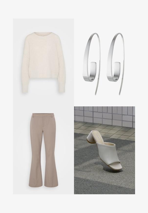 Creme, cropped striktrøje med rund halsudskæring, drop shoulder-søm og ribbede manchetter. Blød tekstur med løs pasform og minimalistisk design.; Gina Tricot Tall RELAXED TROUSERS - Bukser - taupe; Enkelt hvid åben tå mule med blokhæl på brolagt grund nær flisebelagt væg, vinklet for at vise side- og topudsigt.; Sølv hoops øreringe med et slankt, forlænget design. Lavet af poleret metal med en glat overflade og minimalistisk stil.