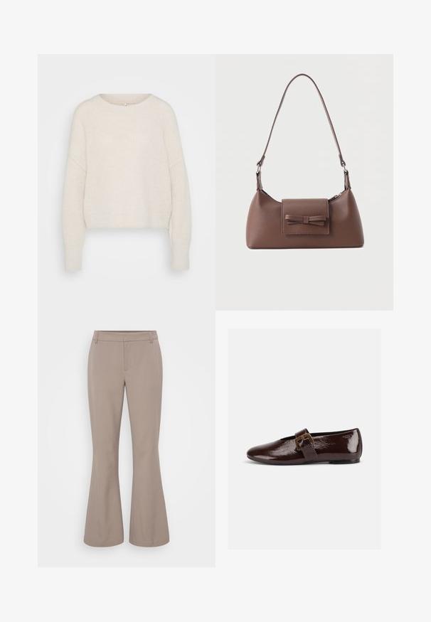 Pull en tricot écru, court, avec un col rond, des coutures d'épaules tombantes et des poignets côtelés. Texture douce avec une coupe ample et un design minimaliste.; Gina Tricot Tall RELAXED TROUSERS - Pantalon classique - taupe; Chaussure plate en cuir verni marron foncé avec une large bride à boucle dorée et un bout arrondi, présentée de profil sur fond blanc.; Sac à bandoulière en cuir marron avec une poche à rabat avant ornée d'un détail en forme de nœud cousu et une sangle réglable.