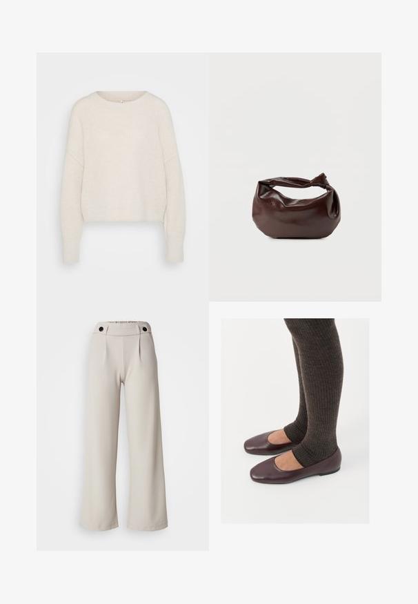 Pull en tricot écru, court, avec un col rond, des coutures d'épaules tombantes et des poignets côtelés. Texture douce avec une coupe ample et un design minimaliste.; Pantalons à jambes larges plissés en tissu beige clair avec une texture lisse, dotés d'une taille froncée et de deux boutons noirs à la taille.; Ballerines en cuir verni bourgogne à bout carré, accompagnées de chaussettes en tricot côtelé marron foncé atteignant le molet.; Sac bandoulière en cuir marron foncé avec une forme souple et décontractée et une anse nouée torsadée sur un fond blanc uni.