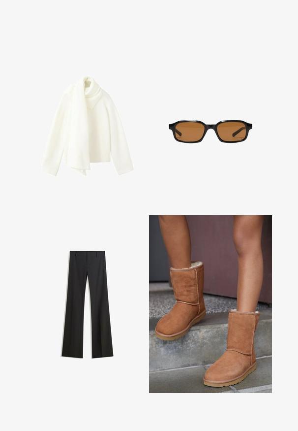 Pull en maille blanc avec une longue écharpe assortie drapée autour du cou sur un fond blanc.; Pantalon noir évasé avec une texture lisse, doté d'une coupe ajustée et d'une taille cintrée. Aucun motif ou ornement visible.; Bottines en suede marron, à bout rond, avec une doublure douce et une semelle en caoutchouc, présentant des détails de couture visibles le long des coutures.; Lunettes de soleil rectangulaires noires avec des montures épaisses et des verres teintés marron, vues de face sur un fond blanc.