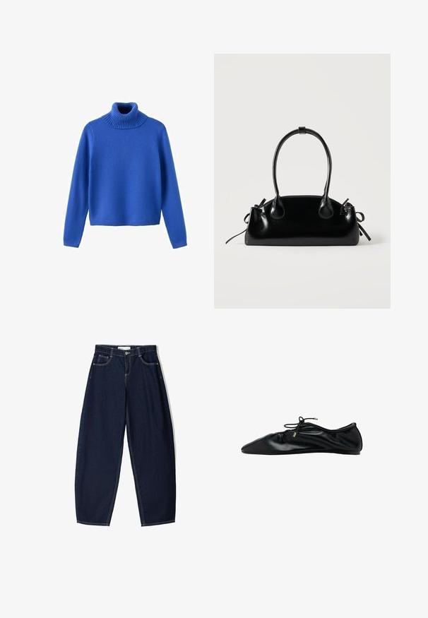 Pull à col roulé bleu en tissu tricoté doux. Présente un col côtelé, des manches longues et une taille courte pour un look moderne.; Pantalon en denim bleu foncé avec une coupe ample, comportant cinq poches, des coutures contrastées et une fermeture éclair à l'avant.; Ballerine plate en cuir noir avec bout froncé et lacet à nouer orné d'embouts métalliques, vue latérale minimaliste et élégante.; Petit sac à main noir brillant avec deux longues anses et des détails à cordon sur les côtés sur un fond clair uni.