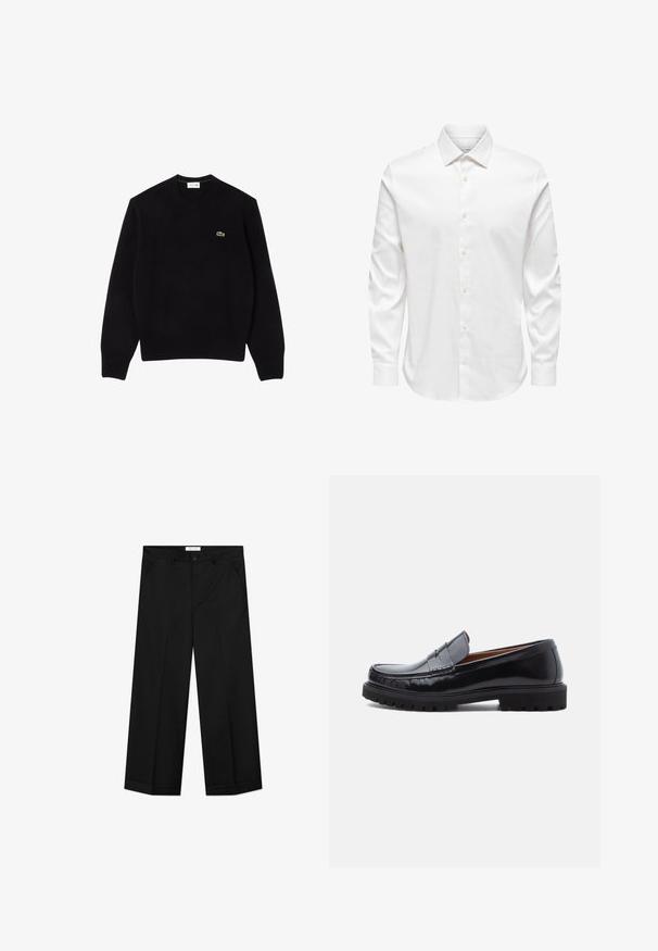 Suéter de punto negro con cuello redondo, puños y dobladillo acanalados, que presenta un pequeño logo de cocodrilo verde en el lado izquierdo del pecho. Textura suave.; Camisa de vestir blanca para hombre de manga larga con cuello puntiagudo y fila frontal de botones blancos sobre un fondo liso.; Pantalones negros de pierna ancha hechos de un material liso, con bolsillos delanteros, cierre de botón y una plancha a lo largo de cada pierna.; Mocasines de penny de cuero negro con suela de goma gruesa y costura tipo moc, presentados de perfil sobre un fondo blanco.