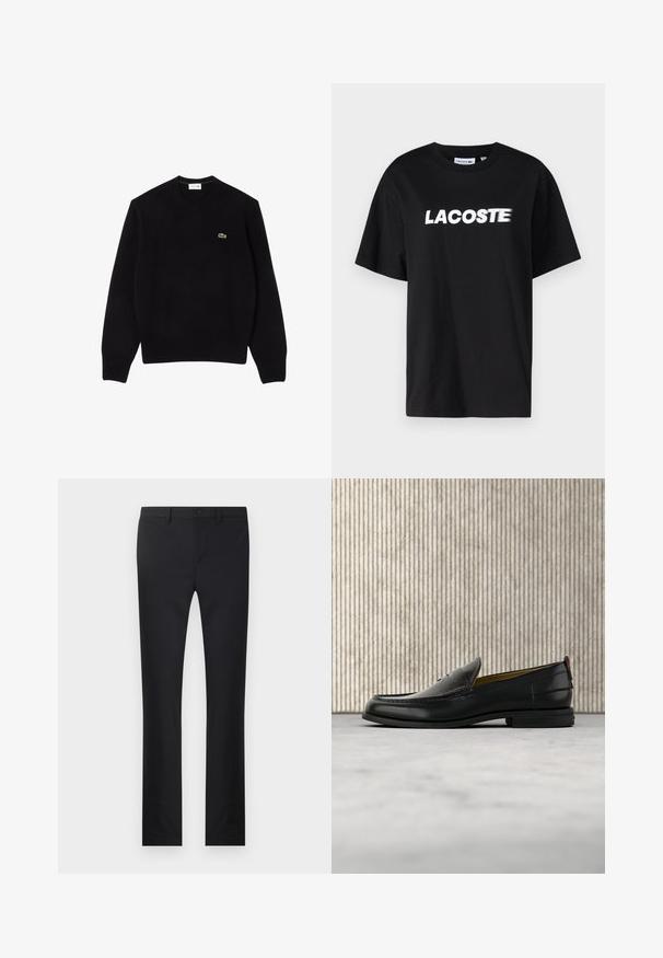 Zwarte gebreide trui met een ronde hals, geribde manchetten en zoom, met een klein groen krokodillenlogo op de linkerborst. Zachte textuur.; Zwart katoenen T-shirt met een witte opdruk van het "LACOSTE"-logo op de voorkant. Korte mouwen en een ronde halslijn. Klassieke ontspannen pasvorm.; Zwarte broek met een rechtlopende pasvorm, gemaakt van soepel materiaal. Voorzien van zakken aan de voorkant, een knoopsluiting en riemlussen.; Zwarte leren herenslipper met een krokodillen-embossed voorblad en een lage hak, zij-aanzicht op een neutrale achtergrond.