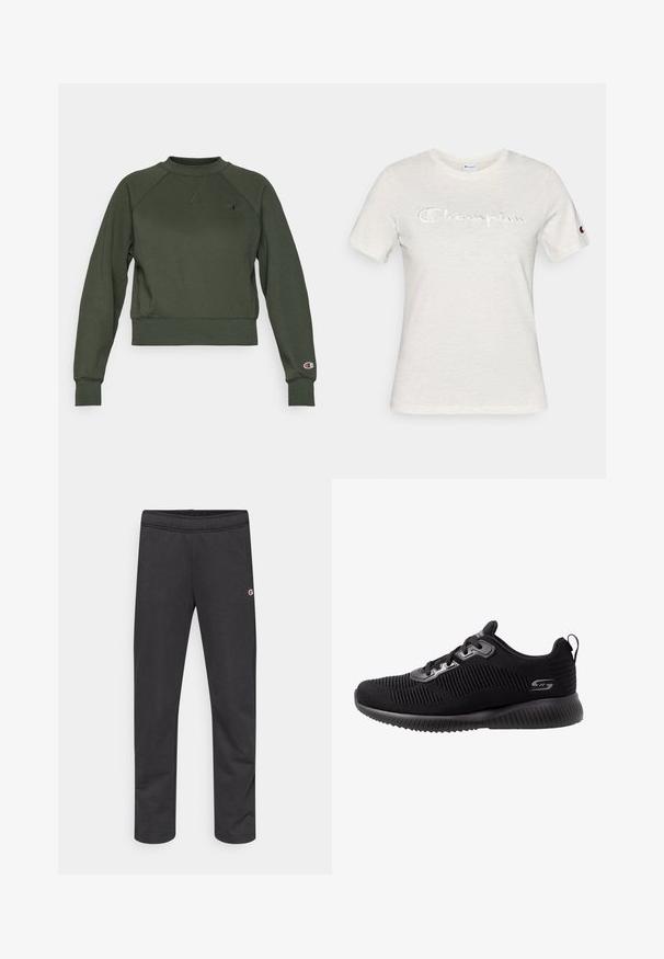 Sweat-shirt court vert foncé en mélange de coton ; présente un col, des poignets et un ourlet côtelés ; patch logo sur la poitrine gauche et la manche droite.; T-shirt en coton blanc avec manches courtes, col rond, et logo "Champion" brodé en texture contrastée sur le devant.; Pantalon de jogging en coton noir avec une taille élastique et un petit logo sur le côté. Texture lisse, coupe fuselée, sans motifs supplémentaires.; Baskets de sport noires avec un dessus en tricot texturé, design à lacets, col rembourré et semelle en caoutchouc coussinée avec un détail strié.