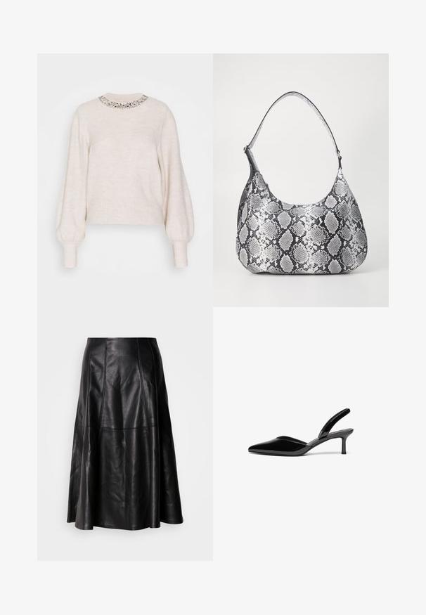 Un pull couleur crème avec une texture côtelée, de longues manches bouffantes et un col décoré de perles. Dégage une apparence douce et chaleureuse.; Jupe en cuir noir avec une silhouette évasée, présentant des coutures visibles et une texture lisse. Conception mi-longue avec une coupe classique.; Escarpins à talon aiguille en cuir verni noir, avec un bout pointu, un talon aiguille bas et un design élégant et simple sans embellissements.; Sac à épaule en simili cuir noir et blanc avec imprimé serpent, de forme arrondie, texture lisse et bandoulière incurvée. Présente un accent en matériel argenté.