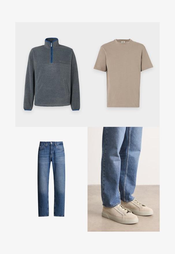 Pull-over en polaire gris avec un col zippé à moitié, détails bleus au niveau du zip et des poignets, ainsi qu'une poche avant. Texture douce, coupe décontractée.; T-shirt en coton beige avec un col rond, des manches courtes et un ourlet droit. Texture lisse, design minimal, sans graphiques ni accents visibles.; Jeans en denim bleu avec une coupe droite, cinq poches et une fermeture éclair. Présente une légère décoloration et des coutures le long des coutures.; BOSS GARYTENN_SDHDEL - Baskets basses - natural ten