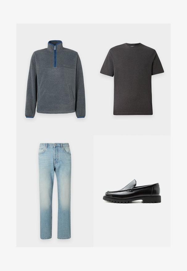 Pull-over en polaire gris avec un col zippé à moitié, détails bleus au niveau du zip et des poignets, ainsi qu'une poche avant. Texture douce, coupe décontractée.; T-shirt gris à manches courtes en tissu doux et léger, avec un col rond et des coutures minimales. Convient pour une tenue décontractée.; Jeans bleu clair fabriqués en denim, présentant un design à jambe droite, une structure à cinq poches et un effet délavé au niveau des cuisses.; Mocassin en cuir noir avec semelle en caoutchouc épaisse, dessus cousu et nom de marque embossé sur le talon, présenté de profil sur fond blanc.