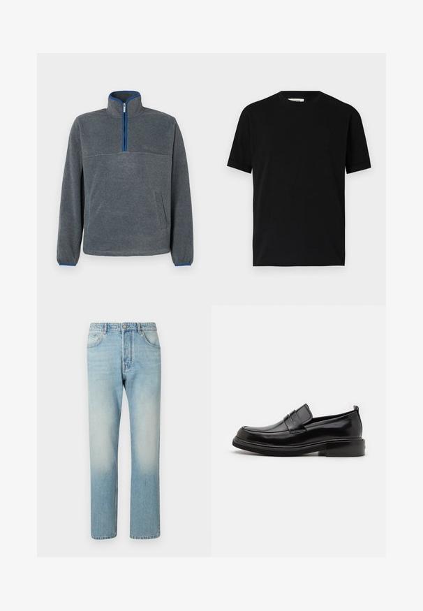Grijze fleece pullover met een halve rits kraag, blauwe accenten bij de rits en manchetten, en een bu pockets. Zachte textuur, ontspannen pasvorm.; Zwarte t-shirt met korte mouwen van katoen, met een ronde halslijn en een losse pasvorm. Gladde textuur, zonder patronen of zichtbare logo's.; Lichtblauwe jeans van denim, met een rechte pijpdesign, vijf zakken en een vervaagde was-effect op de dijen.; Calvin Klein MOCCASIN - Zakelijke loafers - black