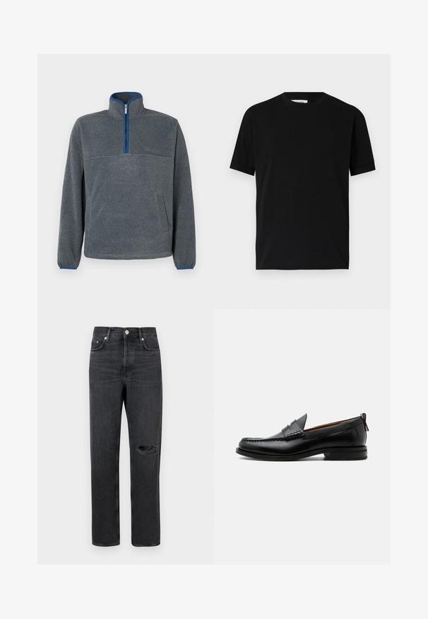 Pull-over en polaire gris avec un col zippé à moitié, détails bleus au niveau du zip et des poignets, ainsi qu'une poche avant. Texture douce, coupe décontractée.; T-shirt noir à manches courtes en coton avec un col rond et une coupe ample. Texture lisse, sans motifs ni logos visibles.; Jean en denim noir avec jambe droite, présentant un genou déchiré, un design à cinq poches et des accessoires en métal à la taille et aux poches.; Mocassin homme en cuir noir avec couture moc toe, bride penny, col texturé et petit talon empilé sur fond blanc.