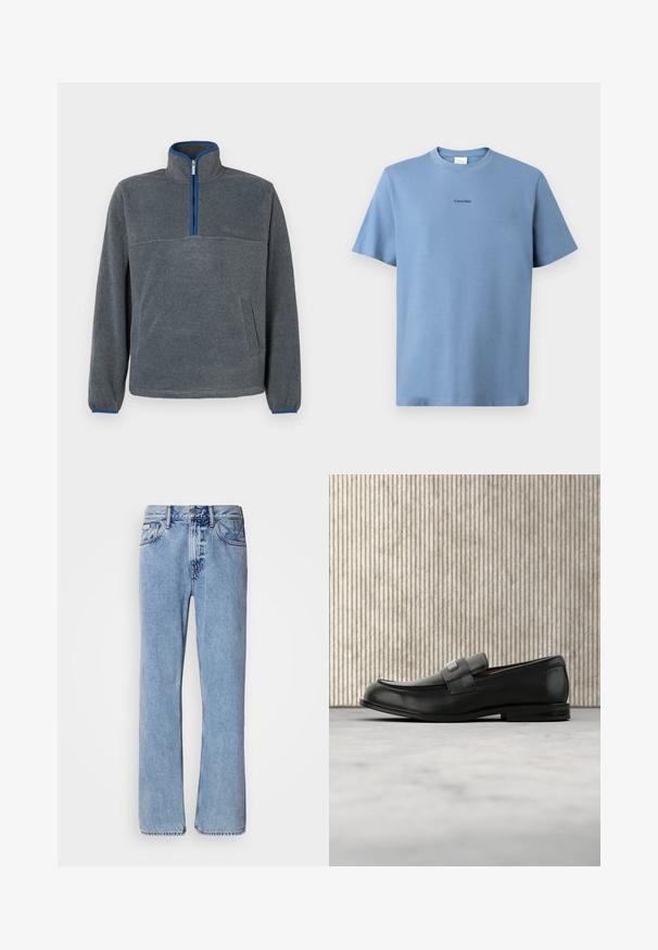 Pull-over en polaire gris avec un col zippé à moitié, détails bleus au niveau du zip et des poignets, ainsi qu'une poche avant. Texture douce, coupe décontractée.; T-shirt en coton bleu clair avec des manches courtes, col rond et un logo "Calvin Klein" subtil en noir sur la poitrine. Texture lisse.; Jean en denim bleu clair avec une coupe droite, cinq poches et une fermeture à bouton. Détails de couture près des poches et de la taille.; Mocassin en cuir noir avec une plaque de marque en métal reposant près d'une table ronde marron sur un sol recouvert de moquette beige.