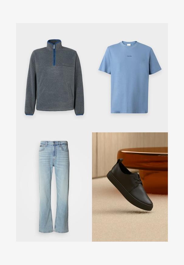 Grijze fleece pullover met een halve rits kraag, blauwe accenten bij de rits en manchetten, en een bu pockets. Zachte textuur, ontspannen pasvorm.; Lichtblauw katoenen t-shirt met korte mouwen, ronde hals en subtiele "Calvin Klein" logo in zwart op de borst. Gladde textuur.; Lichtblauwe denim jeans met een rechte pijp, voorzien van vijf zakken, een knoopsluiting en subtiele vervaging op de stof.; Zwarte leren casual sneaker met veters, zwevend boven een beige tapijt, met een amberen glazen ronde tafel op de achtergrond.