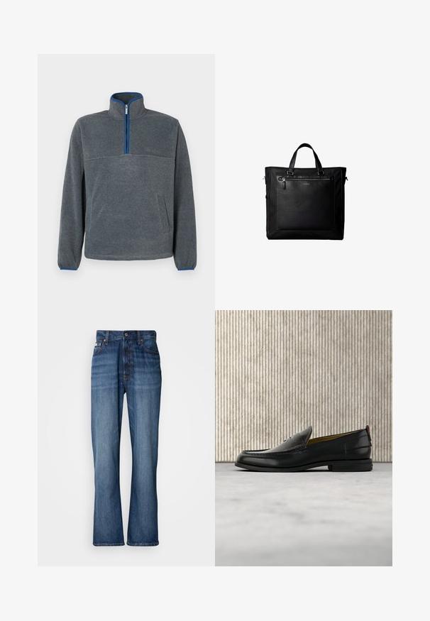 Pull-over en polaire gris avec un col zippé à moitié, détails bleus au niveau du zip et des poignets, ainsi qu'une poche avant. Texture douce, coupe décontractée.; Jean en denim bleu avec une taille haute, jambes évasées, design à cinq poches et couture ton sur ton. Comprend une fermeture à bouton et des poches rivetées.; Mocassin pour homme en cuir noir avec un dessus embossé effet croco et un petit talon, présenté de profil sur un fond neutre.; Sac cabas noir avec doubles poignées, grande poche avant en cuir avec fermeture éclair et logo discret Calvin Klein au centre de la poche.