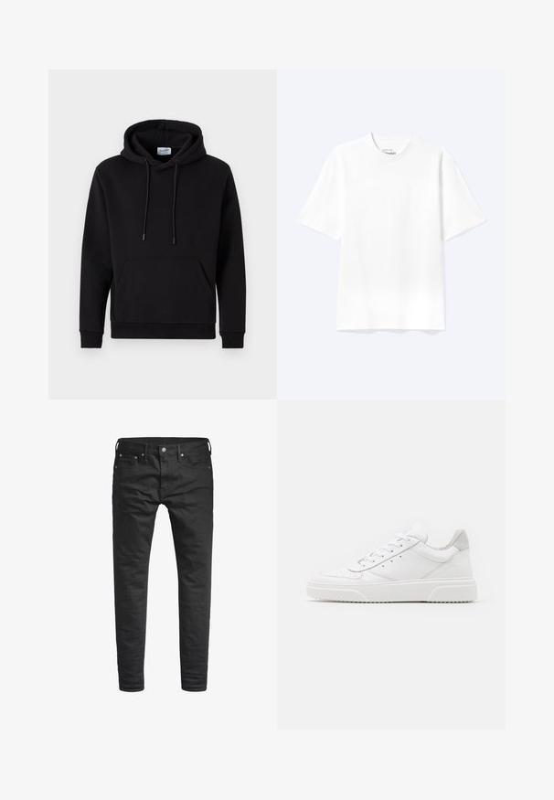 Haut à capuche noir en tissu riche en coton, avec une poche avant, un capuche à cordon de serrage et des poignets côtelés. Design simple et décontracté.; T-shirt blanc uni à manches courtes et col rond avec une coupe décontractée, présenté sur un fond clair.; Jeans noirs slim-fit avec poches avant, passants de ceinture, et fermeture à bouton, présentés sur un fond blanc.; Des baskets en cuir blanc avec une finition lisse, un bout rond, des lacets plats et une semelle texturée. Accents en daim gris au niveau du talon.