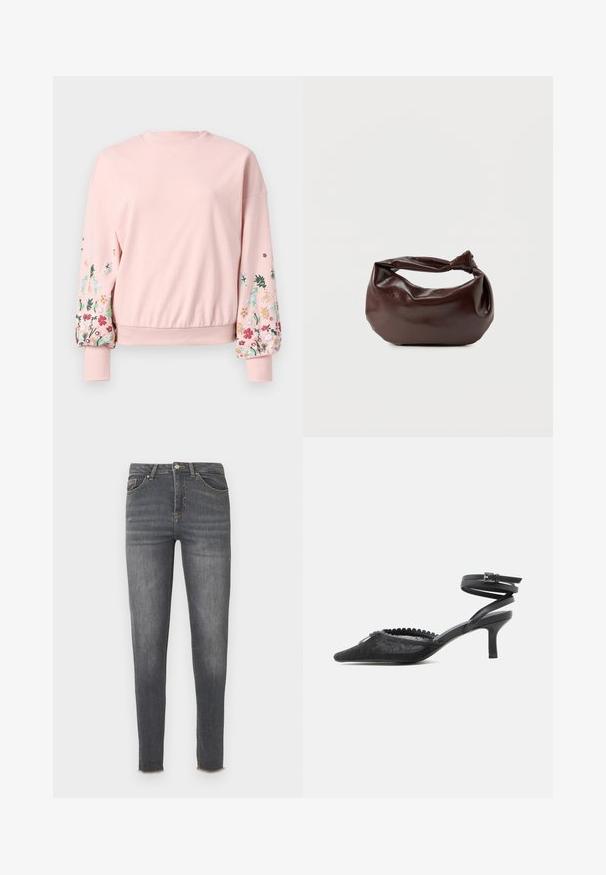 Roze sweatshirt met een ronde hals, oversized mouwen en bloemenborduursel in verschillende kleuren op de mouwen. Ribgebreide boorden en zoom.; Verweerde grijze skinny jeans van denim met een hoge taille, voorzien van vijf zakken, goudkleurige hardware en een cropped onafgewerkte zoom.; Zwarte kittenheels met een puntige neus, bovenwerk van kant, gegolfde rand en een omslagsluiting rond de enkel met een gesp.; Donkerbruine leren schoudertas met een zachte, slungelige vorm en een gedraaide knoopvormige handgreep op een effen witte achtergrond.