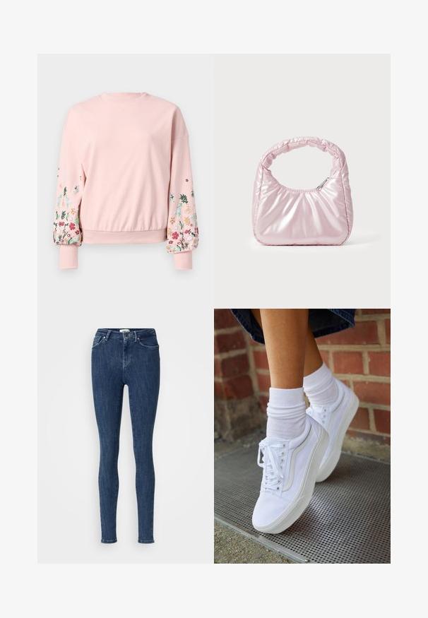 Roze sweatshirt met een ronde hals, oversized mouwen en bloemenborduursel in verschillende kleuren op de mouwen. Ribgebreide boorden en zoom.; Donkerblauwe high-waist skinny jeans met knoop- en ritssluiting, voorzakken en riemlussen op een effen lichte achtergrond.; Witte canvas sneakers met rubberen zolen, voorzien van zes vetertjes, een ronde neus en lichte stikdetails, gecombineerd met witte enkelsokken.; Roze, gevoerde handtas met een afgeronde vorm, gemaakt van glanzend materiaal. Beschikt over een geplooide handgreep en een ritssluiting voor veilige toegang.