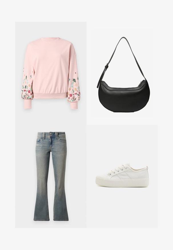 Roze sweatshirt met een ronde hals, oversized mouwen en bloemenborduursel in verschillende kleuren op de mouwen. Ribgebreide boorden en zoom.; Lichtblauwe flared jeans van denim. Bevat twee voorkruiken, een knoopsluiting en subtiele vervaging over de stof.; Witte canvas sneakers met een gestructureerde rubberen zool, ronde neus en vetersluiting met drie zijstrepen.; Zwarte, halvemaanvormige leren schoudertas met een lange verstelbare riem en een bovenste ritssluiting.