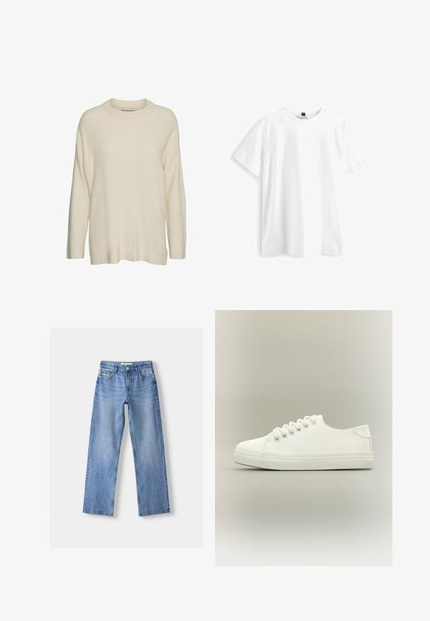 Cremefarvet strikket sweater med høj hals, lange ærmer og en afslappet, boxy pasform. Stoffet ser tekstureret og blødt ud.; Hvid bomulds t-shirt med korte ærmer, rund hals og en let løs pasform. Enkelt design, ingen mønstre eller yderligere accenter.; Lysblå denim jeans med lige ben design, der har fem lommer, en frontknaplukning og subtil falmning for tekstur.; Hvid lavtop sneaker med hvide snørebånd og gummisål vist fra siden på en neutral baggrund.