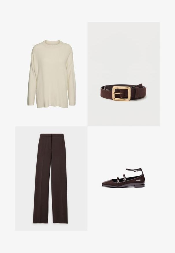 Cremefarvet strikket sweater med høj hals, lange ærmer og en afslappet, boxy pasform. Stoffet ser tekstureret og blødt ud.; Mørkebrune bukser med vide ben, en tætsiddende linning og skjult frontlukning, vist mod en ensfarvet lys baggrund.; Brune patentlæder flade sko med spids tå, der har to justerbare stropper og sølvspænder samt en lav, firkantet hæl.; Mørkebrunt læderbælte med en bred gylden firkantet spænde, samlet fladt på en hvid overflade.