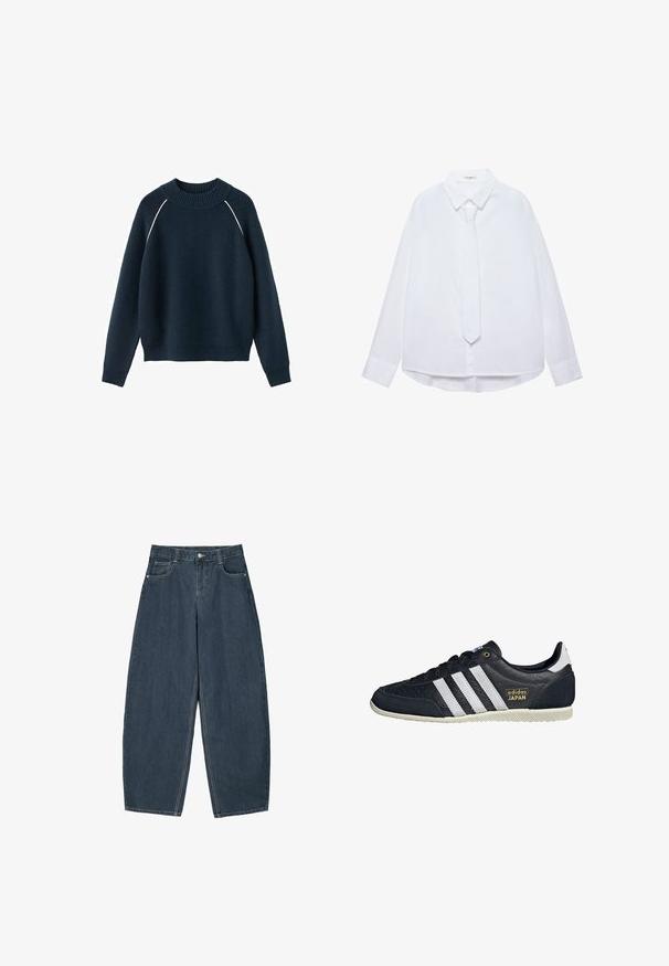 Pull en maille bleu marine à manches longues, col rond côtelé, poignets, ourlet, avec une fine bordure blanche le long des coutures d'épaule.; Chemise blanche à manches longues avec col et cravate fine assortie, boutonnée sur le devant avec poignets, présentée sur un fond uni.; Jeans en denim bleu foncé à jambes larges avec une taille haute, dotés de cinq poches et de détails de couture visibles. Design épuré et minimal.; Baskets en cuir noir avec trois rayures blanches, une finition texturée, un logo doré "adidas JAPAN" et une semelle en caoutchouc avec un motif de grip.