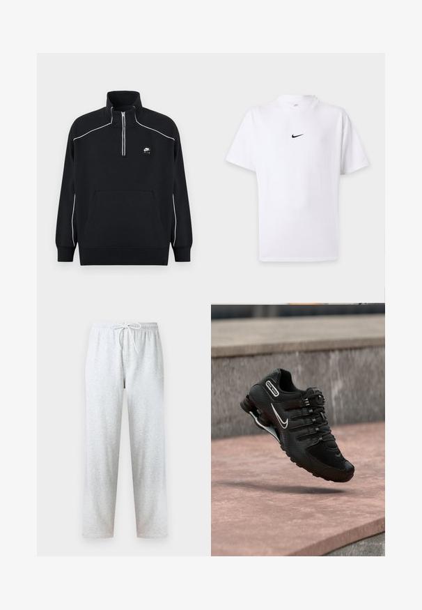 Črn pulover iz flisa s četrtinskim zadrgo na ovratniku, belimi poudarki šivov, osrednjim žepom kenguru in črno značko z logotipom Nike Air.; Bela majica s kratkimi rokavi z črnim logotipom Nike swoosh na sredini prsnega koša in preprostim okroglim izrezom.; Sive trenirka iz mehke tkanine z elastičnim pasom in vrvico ter ravnimi hlačnicami. Brez vzorcev ali poudarkov.; Črni tekaški čevelj Nike Shox z belim logotipom Swoosh, v zraku nad rožnato betonsko površino pred sivim kamnitim zidom.