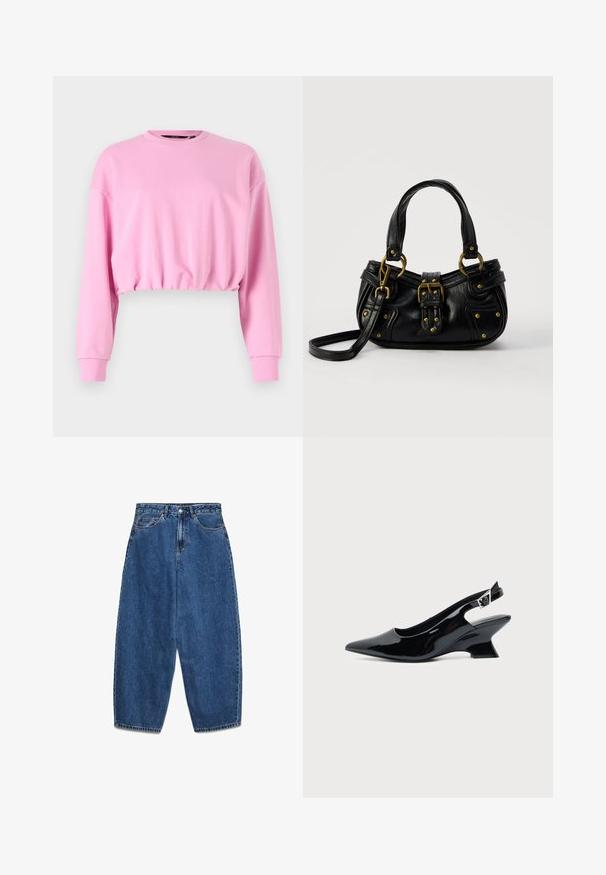 Roze cropped sweatshirt met lange mouwen, ronde hals en elastische zoom. Zachte textuur, casual ontwerp dat geschikt is voor laagjesoutfits.; Blauwe denim jeans met een hoge taille, een ontspannen pasvorm en rechte pijpen. Klassiek ontwerp met vijf zakken en een ritssluiting met knoop.; Zwarte lakleren slingback schoen met spitse neus en lage schuine blokhak op een effen lichte achtergrond.; Zwarte leren handtas met gouden gesp en klinknagel details, korte handvatten en een verstelbare schouderriem op een effen witte achtergrond.