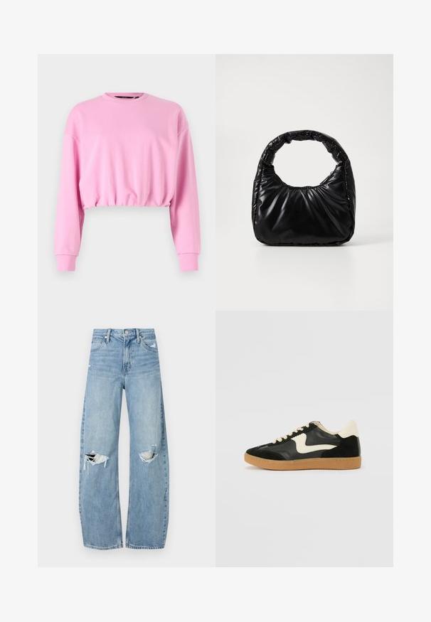 Roze cropped sweatshirt met lange mouwen, ronde hals en elastische zoom. Zachte textuur, casual ontwerp dat geschikt is voor laagjesoutfits.; Lichtblauwe, hooggeritste jeans van denim. Beschikken over wijde pijpen, twee gescheurde knievalken en klassieke vijfzakken styling.; Zwarte suède en leren sneaker met een crèmekleurige zij-swoosh en lichte crèmekleurige hiel. Voorzien van beige veters en een gumrubberen zool.; Zwarte gevoerde handtas met een ronde handgreep, met een gladde, glanzende oppervlakte en een zachte, gewatteerde textuur. Geen zichtbare metalen onderdelen of accenten.