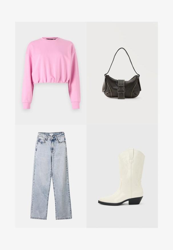 Roze cropped sweatshirt met lange mouwen, ronde hals en elastische zoom. Zachte textuur, casual ontwerp dat geschikt is voor laagjesoutfits.; Lichtblauwe straight-leg jeans van denim, met twee voorkruimelzakken, een knoopsluiting en contrasterende stiksels langs de naden.; Witte westernlaars tot halverwege de kuit met puntige neus, zwarte gestapelde hak, decoratieve stiknaden en een lus aan de schacht.; Zwarte leren schoudertas met gespsluiting aan de riem, afgeronde hoeken en contrasterende witte stiksels op een effen achtergrond.
