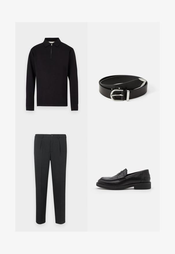Polo noir à manches longues avec un col zippé, fabriqué en tissu lisse, avec un col classique et des poignets côtelés.; Pantalon noir sur mesure avec une coupe droite, deux plis à l'avant et une taille boutonnée. Confectionné dans un tissu lisse sans motifs visibles.; Mocassins en cuir noir avec un bout arrondi, des coutures ton sur ton et un détail de sangle à l'avant. Semelle en caoutchouc avec un petit talon.; Ceinture en cuir noir avec une boucle en métal argenté, présentant un design classique et une texture lisse. Comprend des trous pour un ajustement flexible.